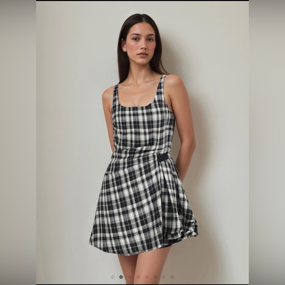 Cider Plaid Black and White Ruched Mini Dress - Picture 5 of 7